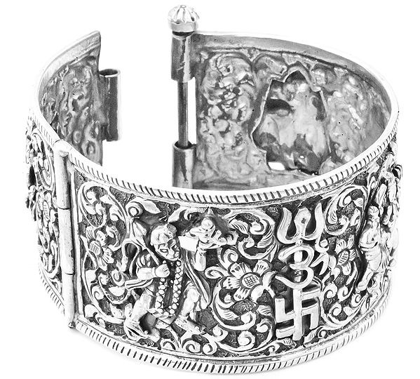 Cuff Bracelet  with the Figures of Ganesha, Hanuman, Durga, Radha-Krishna with Trident OM (AUM) and Hindu Swastika