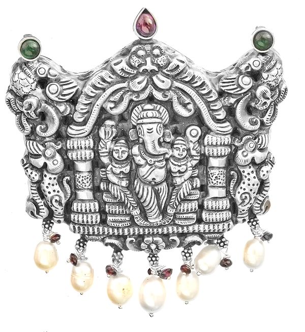 Lord Ganesha with Riddhi and Siddhi Pendant with Pearl (South Indian Temple Jewelry)
