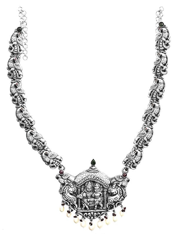 Shiva-Parvati Pendant With Pristine Drops Neckpiece (South Indian Temple Jewellery)