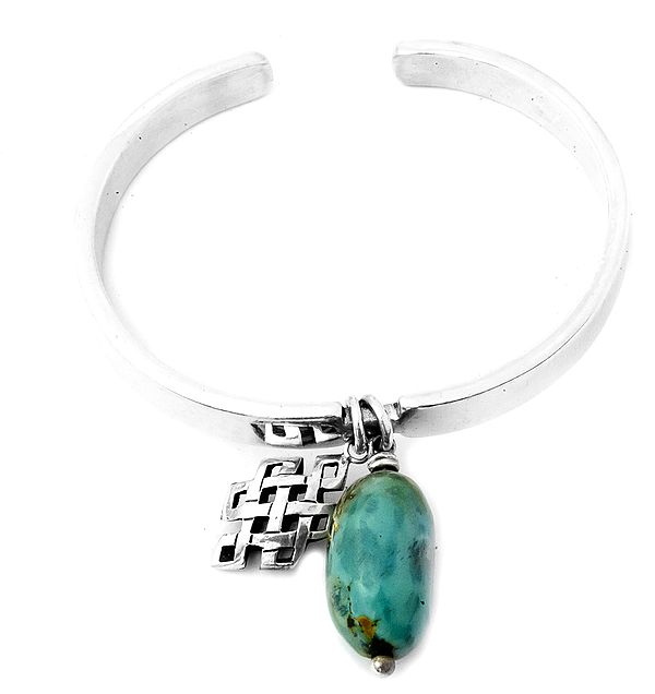 Cuff Bracelet with Dangling Turquoise and Endless Knot (Ashtamangala)