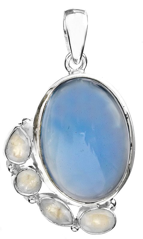 Blue Chalcedony Pendant with Faceted Rainbow Moonstone