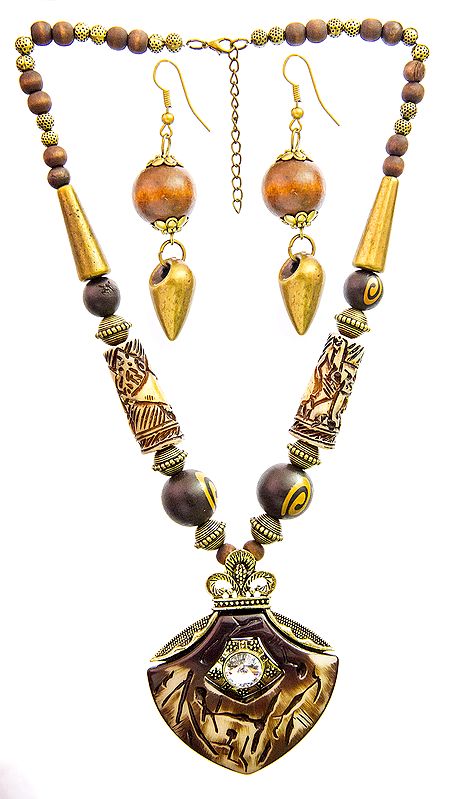 Brown Beaded Necklace with Earrings Set
