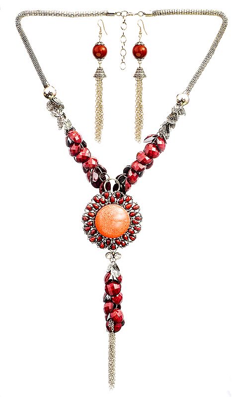 Cherry-Red Faceted Long Necklace with Earrings Set