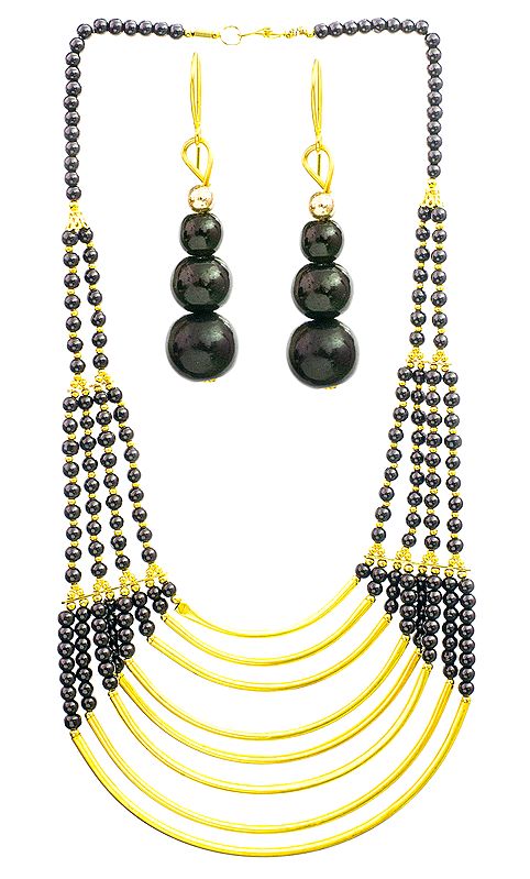 Black and Golden Eight-Strand Necklace with Earrings Set