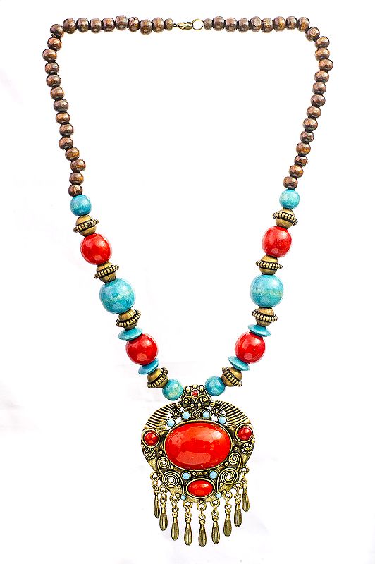 Blue and Red Beaded Necklace with Dangles