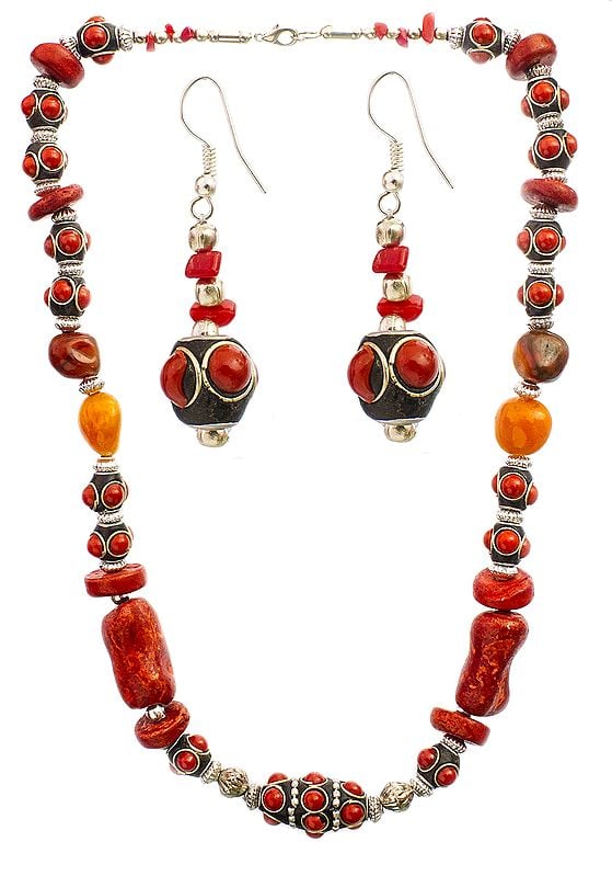Pompeian-Red Beaded Necklace with Earrings Set