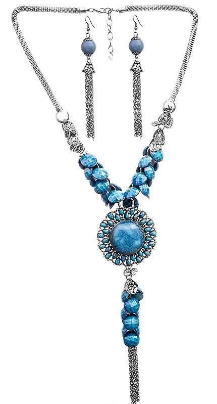 Blue Tassel Long Necklace with Earrings Set