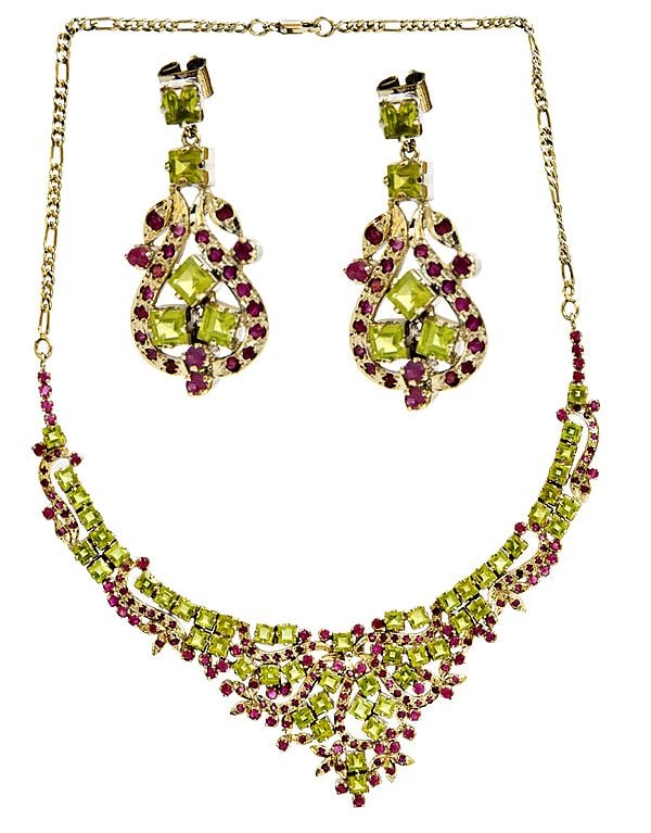 Faceted Ruby and Peridot Necklace with Earrings Set