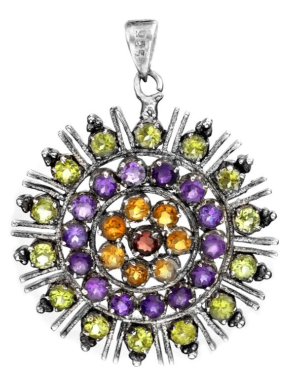 Faceted Gemstones Floral Pendant (Peridot, Amethyst, Citrine and Garnet)