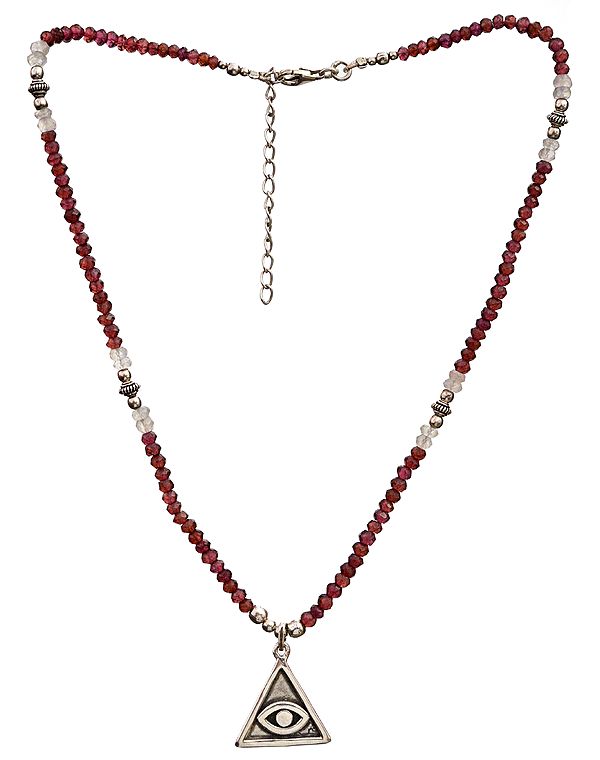 Evil Eye Faceted Garnet Necklace with Rainbow Moonstone