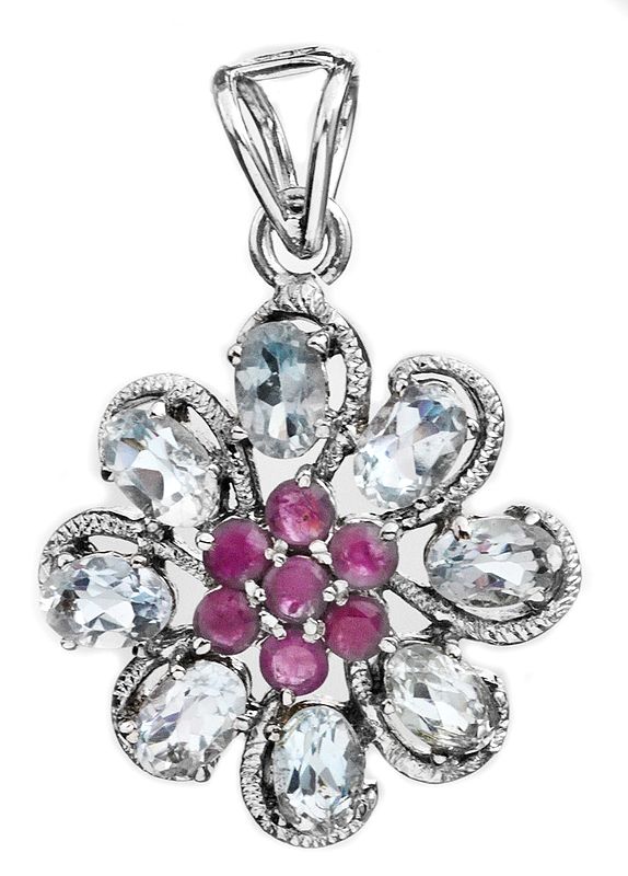 Flower Pendant with Faceted Blue Topaz and Ruby