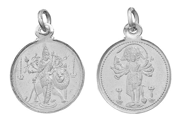 Goddess Durga Pendant with Five Headed Hanuman on Reverse (Two Sided Pendant)