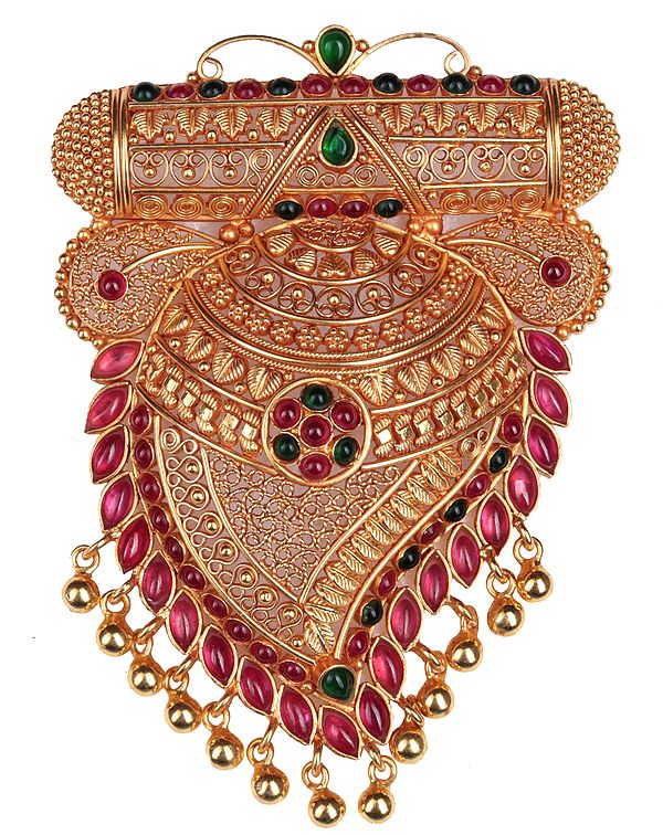 Finely Crafted Paisley Pendant with Ruby and Emerald (South Indian Temple Jewelry)
