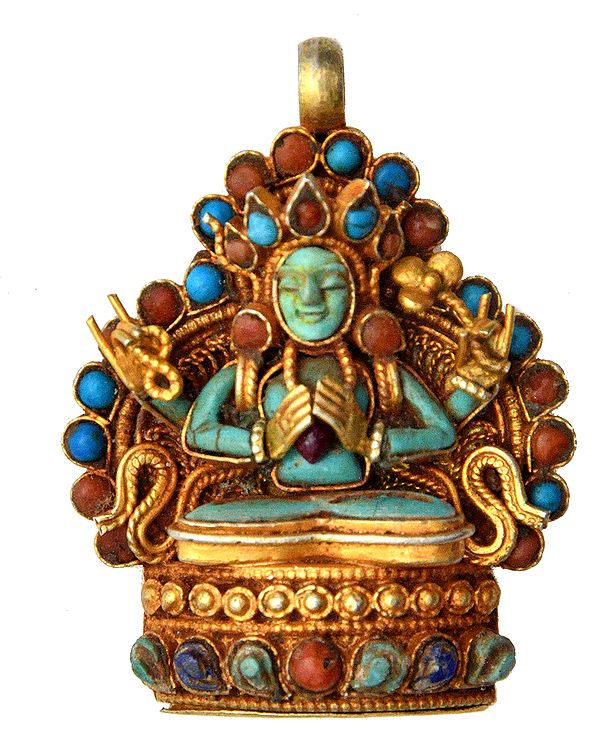Chenrezig Gemstone Pendant (Coral, Turquoise and Lapis Lazuli) -  Made in Nepal