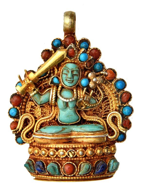 Manjushri Gemstone Pendant (Coral, Turquoise and Lapis Lazuli) -  Made in Nepal