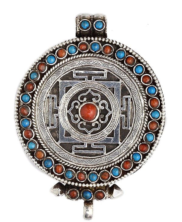 Mandala Gau Box Pendant with Coral and Turquoise -  Made in Nepal