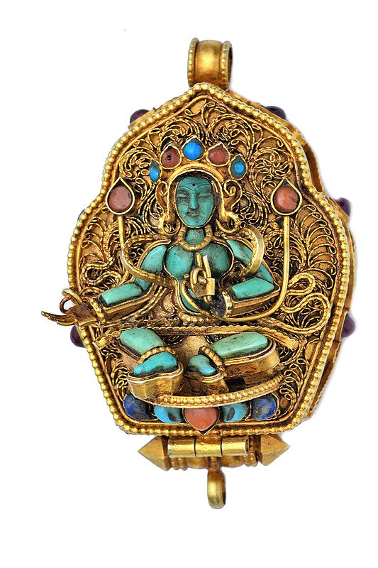 Manjushri Gau Box Gemstone Pendant with Green Tara at Front (Coral, Turquoise and Lapis Lazuli) -  Made in Nepal