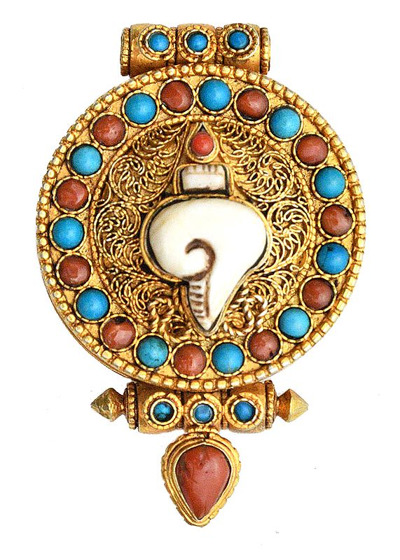 Conch (Ashtamangala) Gau Box Filigree Pendant with Coral and Turquoise -  Made in Nepal