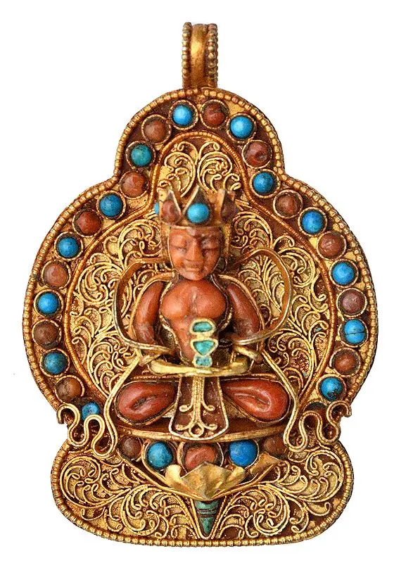 Amitabha Buddha Gau Box Filigree Pendant with Coral and Turquoise -  Made in Nepal