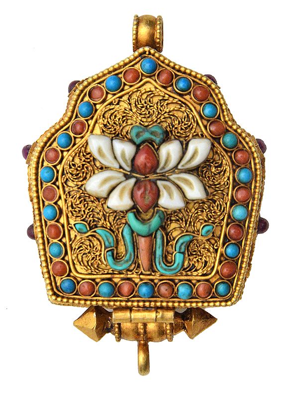 Goddess Green Tara Gau Box Filigree Pendant with Lotus (Ashtamangala), Coral and Turquoise -  Made in Nepal