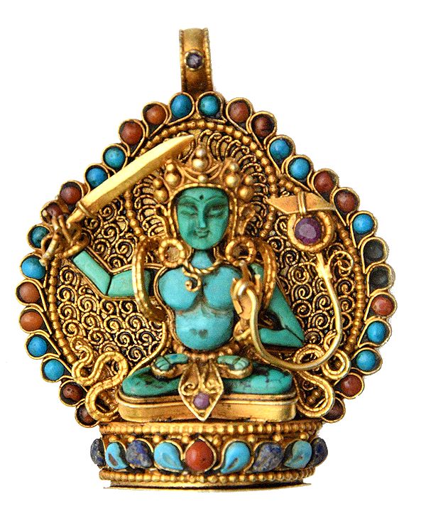Manjushri (Bodhisattva of Transcendent Wisdom) Pendant with Coral, Turquoise and Lapis Lazuli - Made in Nepal