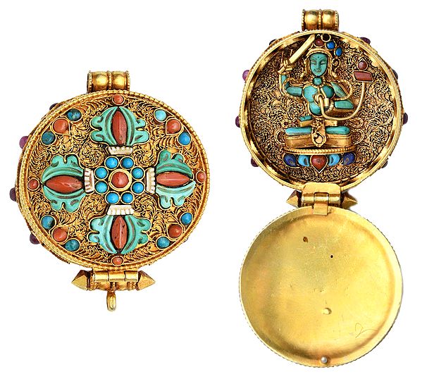 Manjushri Gau Box Gemstones Pendant with  Vishva Vajra at Front (Coral Turquoise and Lapis Lazuli)  - Made in Nepal