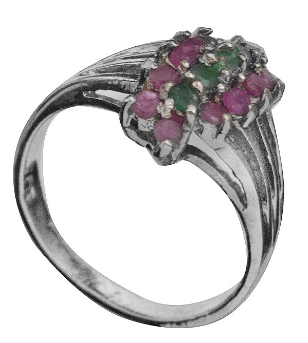 Faceted Emerald and Ruby Gemstone Ring