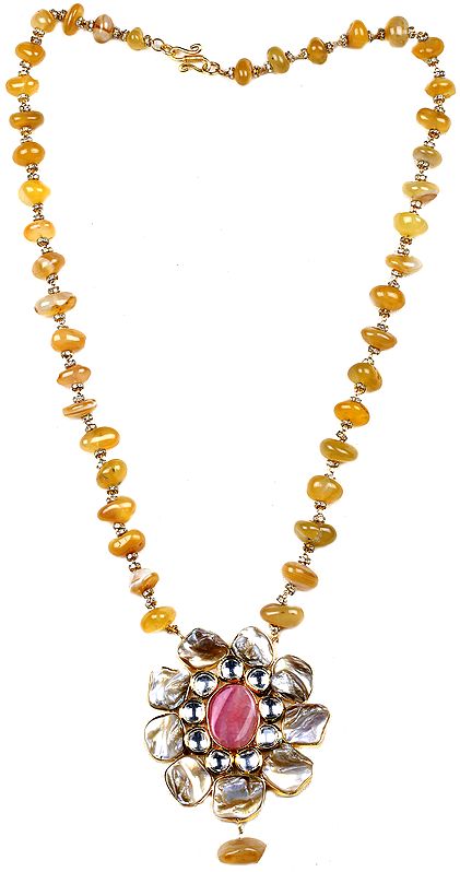 Floral Agate Necklace with Kundan and Mother of Pearl