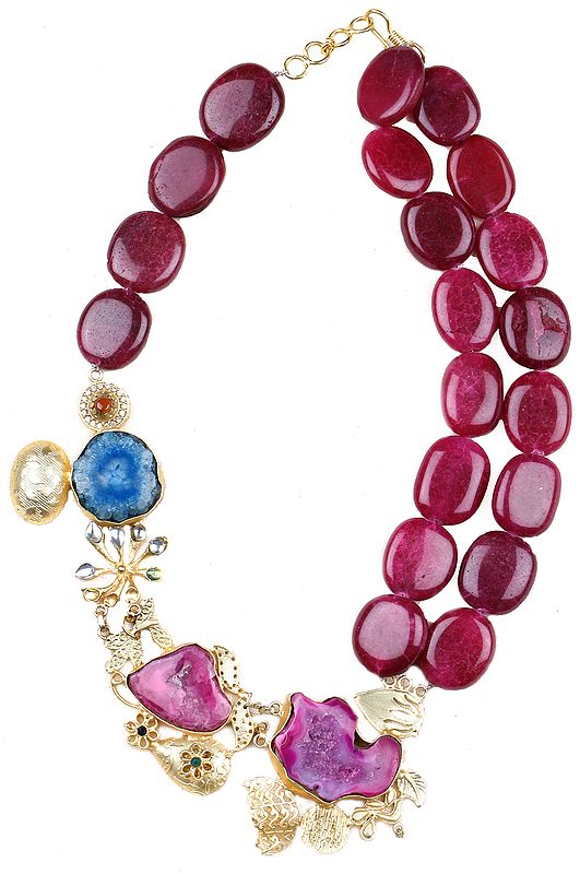 Druzy Designer  Necklace with Faux Ruby Beads