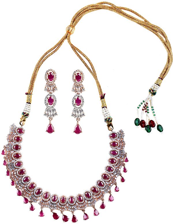 Faux Ruby with Necklace and Earrings Set with American-Diamond