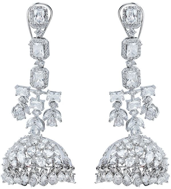 Silver-Colored Giant Jhumka Earrings with Zircon