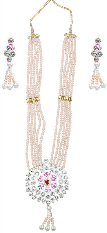 Peach and White Meenakari Necklace with Crystals and Faux Pearls