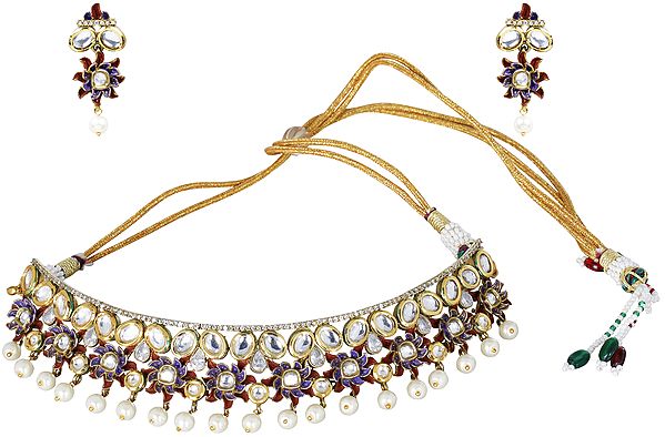 Passion-Purple Choker Necklace with Faux Pearls and Kundan