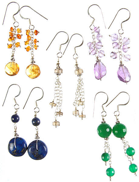 Lot of Five Earrings (Bear Lemon Topaz, Smoky Quartz, Amethyst, Lapis Lazuli and Green Onyx)