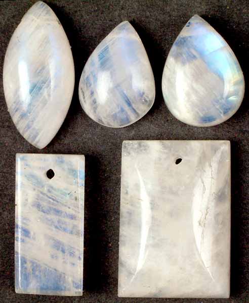 Lot of Five Rainbow Moonstone Cabochons (Both Side-Drilled and Top-Drilled)