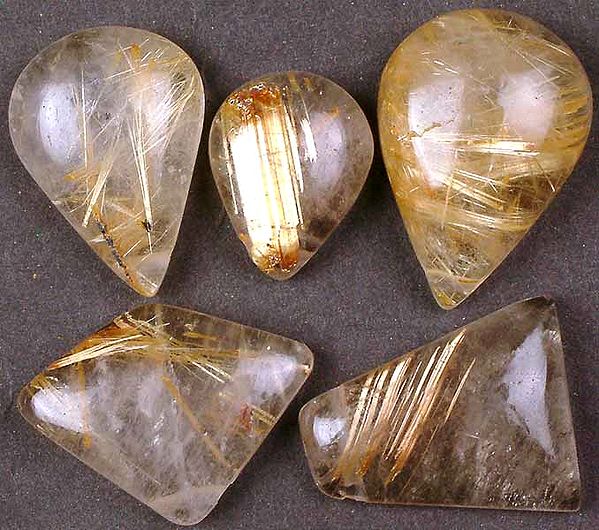 Lot of Five Side-Drilled Golden Rutile Cabochons with Fiber