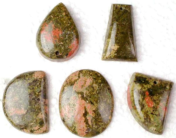 Lot of Five Unakite Cabochons (All Top-Drilled)