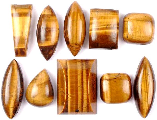 Lot of Ten Tiger Eye Cabochons (Both Side and Top Drilled)