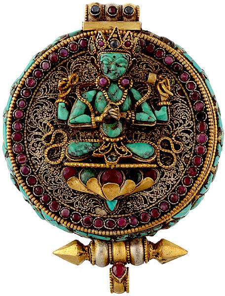 Manjushri Gau Box Gemstone Pendant with Chenrezig at Front (Turquoise, Ruby and Emerald)