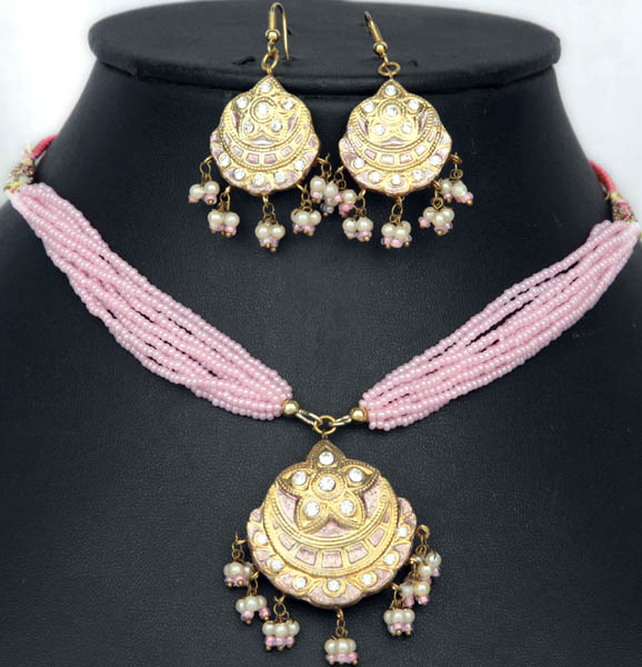 Pink Necklace and Earrings Set with Islamic Crescent Moon and Sitara