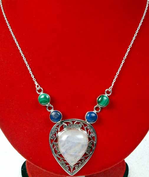 Rainbow Moonstone Necklace with Malachite and Lapis Lazuli