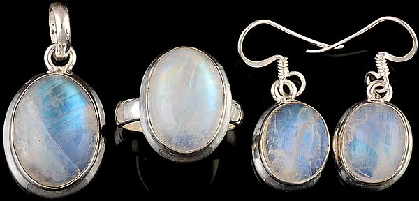 Rainbow Moonstone Pendant with Earrings and Ring Set
