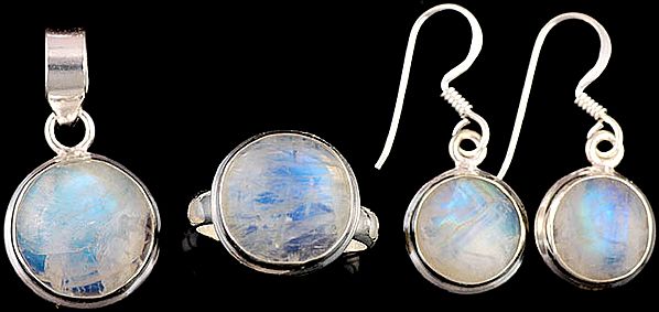 Rainbow Moonstone Pendant with Matching Earrings and Ring Set