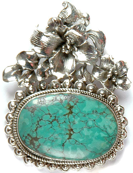 Spider's Web Turquoise Pendant with Blooming Flowers