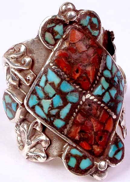 Turquoise and Coral Inlay Ring