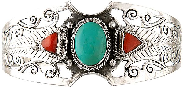 Turquoise Cuff Bangle with Twin Coral