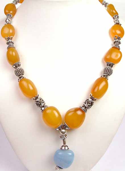 Yellow Onyx Necklace with Blue Chalcedony Dangle