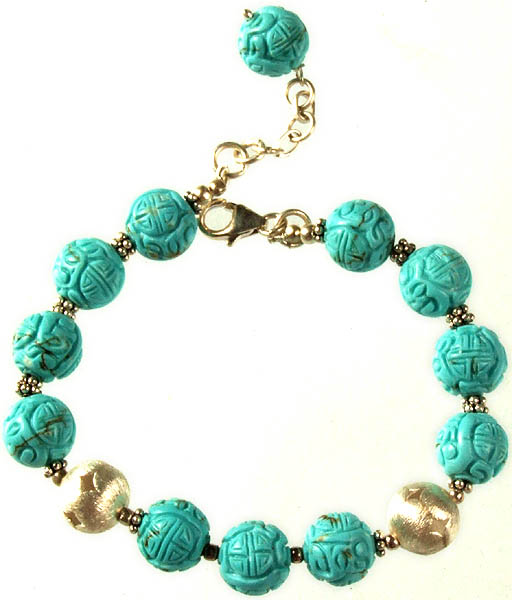 A Bracelet of Chinese Buddhist Symbol Carved on Turquoise