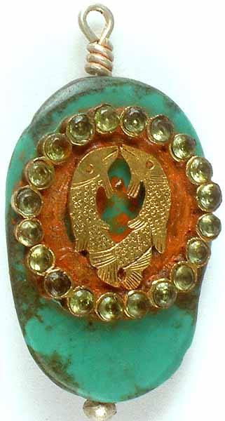 A Pair of Fish with Cubic Zirconia on Turquoise (Ashtamangala)