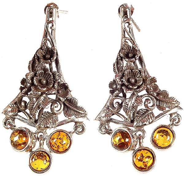 Amber Earrings with Sterling Flowers and Plants